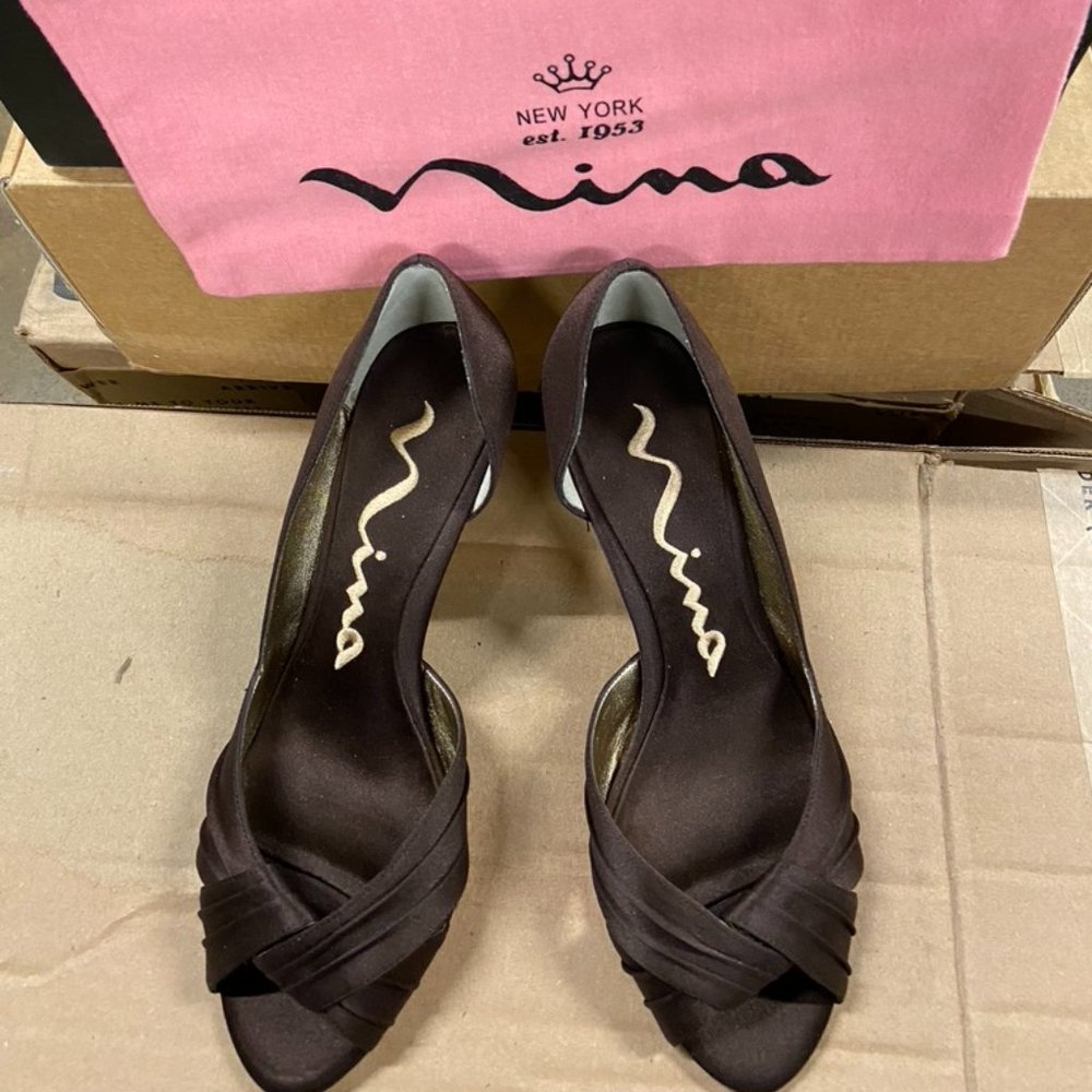 Nina D'orsay Brown Satin Mid Heels